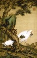 Lang shining two cranes under pine tree old China ink Giuseppe Castiglione birds